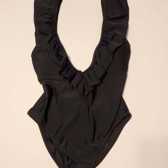 Black Ruffled V-Neck One Piece - Picture 2 of 2